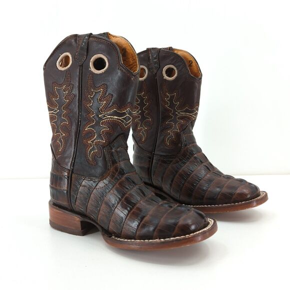 BIG BULL Kid Mexican 17 US 10 Caiman Alligator Boots Brown Leather Western FLAW - Picture 1 of 10
